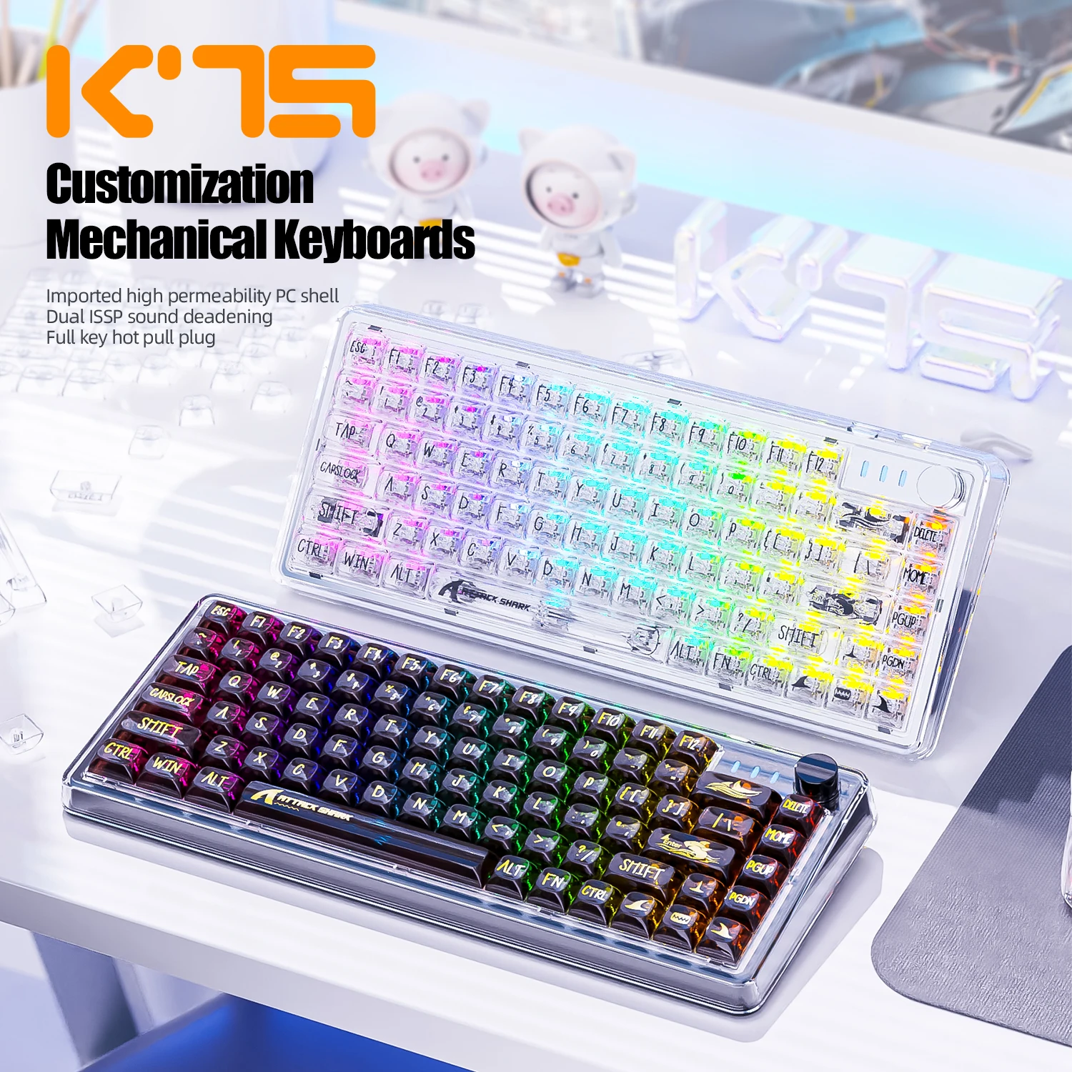 

K75 прозрачная механическая клавиатура на заказ, 81 клавиша RGB NKRO Hotswap Dual ISSP Type-C Проводная игровая клавиатура для компьютера, ПК