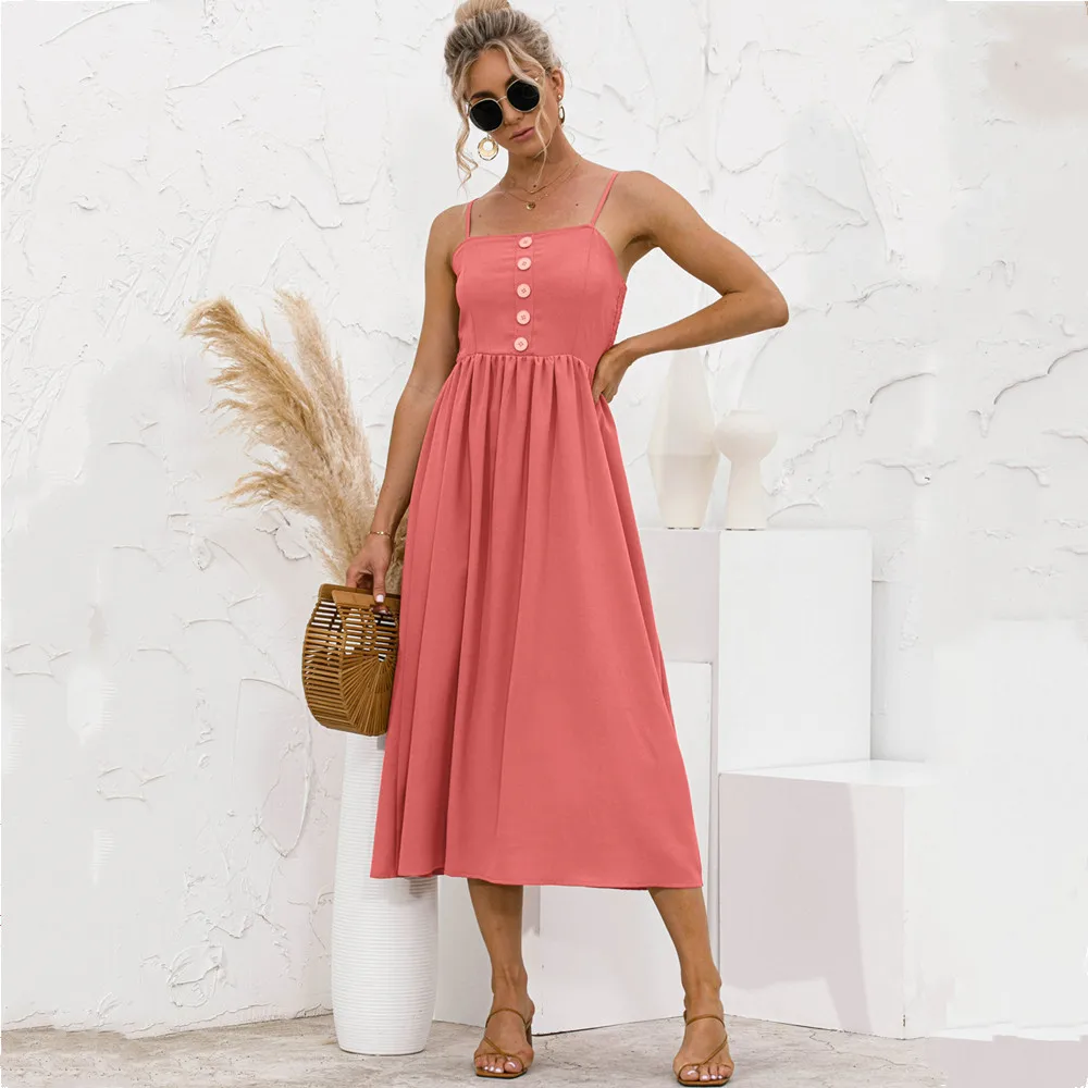 

Sexy Women Spaghetti Strap Sleeveless Backless Solid Slim Madi Dress Summer New Casual Sling Big Swing Button Dresses Robe Femme