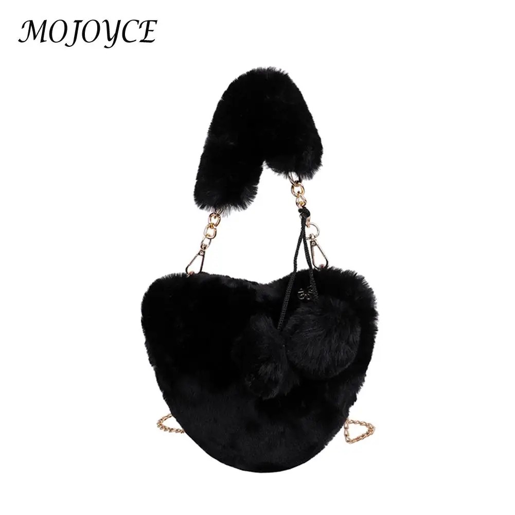 

Exquisite Women Shoulder Bag Plush Solid Color Chain Zipper Shoulder Bag Leisure Ladies Handbag Heart Shaped Bag