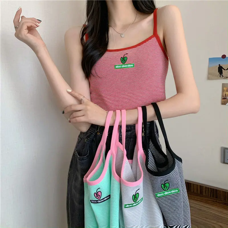 

Contrast color striped knitted vest suspenders hot girl pure desire bottoming top chic summer women's sexy sports sweet and hot
