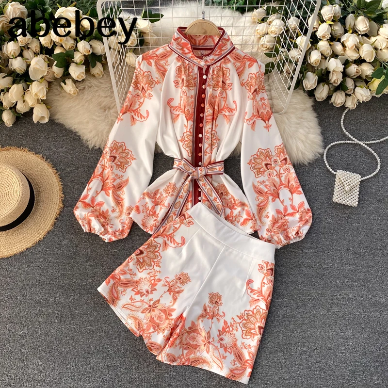 

2021 European American Retro Printing Lapel Puff Sleeve Lace-up Top High Waist Wide Leg Shorts Fashion Suit