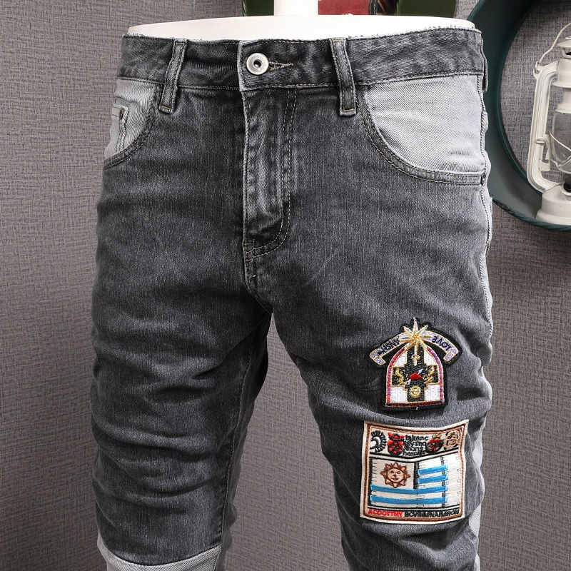 Fashion Streetwear Men Jeans Retro Gray Spliced Elastic Stretch Slim Fit Ripped Jeans Men Patch Designer Hip Hop Pants Hombre