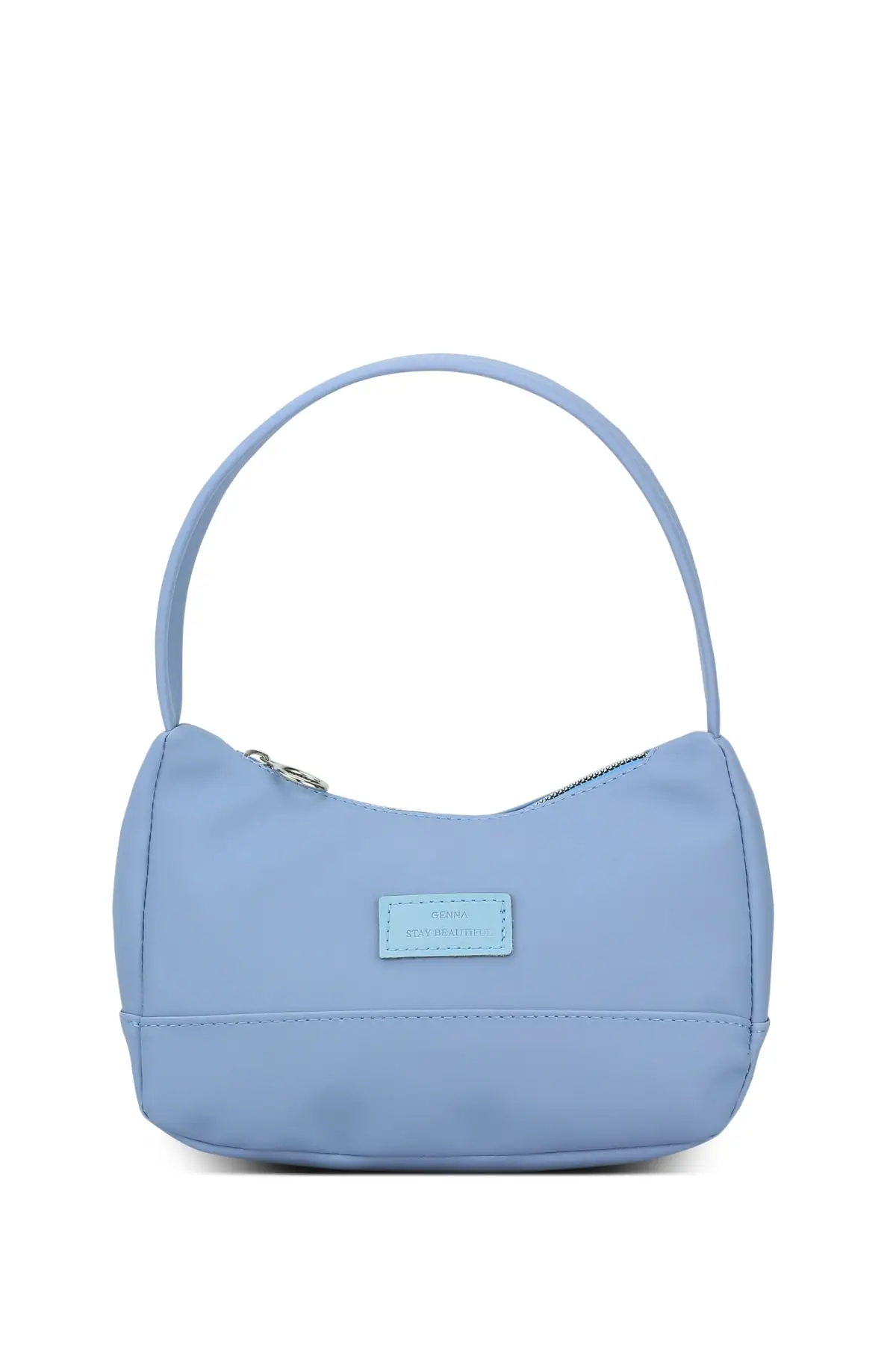 

Women's Blue Baguette Bag - Single Compartment, With Inner Pocket, With Zipper, Satin Leather, Color Blue