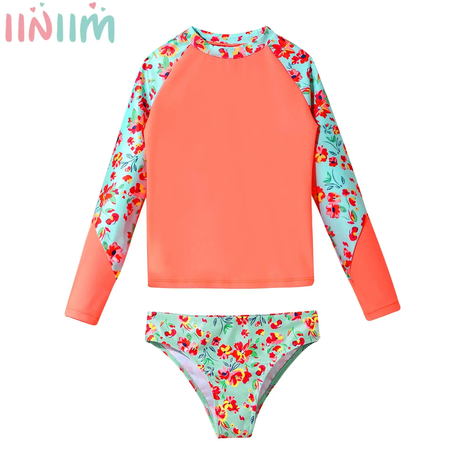 

Kids Girls Printed Swimwear Set 2Pcs Long Sleeve Rash Guard Tops with Briefs Swimsuit Class Swimming Costume Sports Tankini Suit