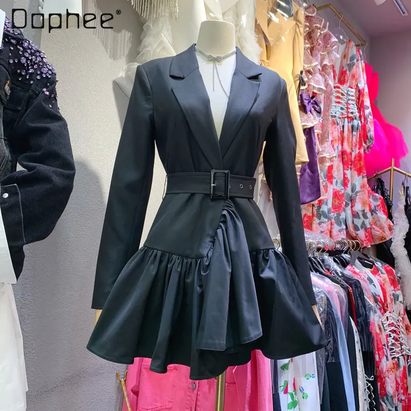 

Autumn Lightly Mature Large Lapel Closing Belt Long Sleeve Pleated Suit Dress Casual Irregular Dress for Women New Fashion
