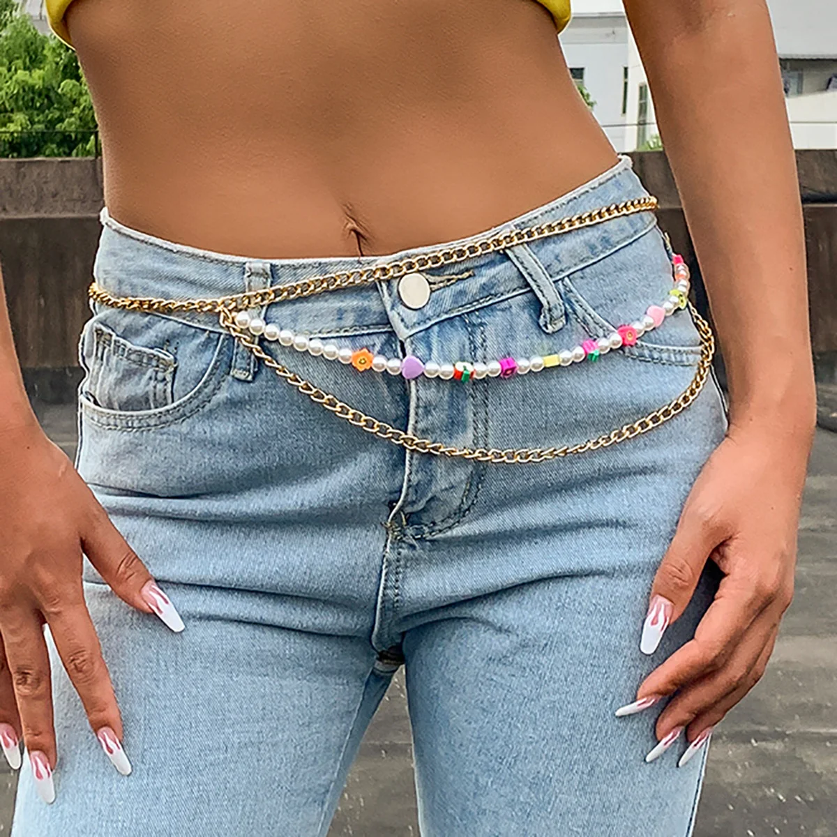 

for Women Body Jewelry Sexy Tassel Fruit Daisy Soft Pottery Waist Chain Hip Hop Chain Imitation Pearl Body Chain Female Sexy