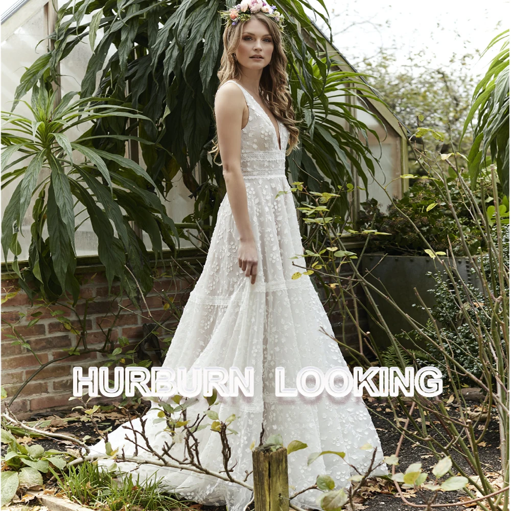 

HERBURN Pastrol Wedding Dresses Deep V-Neck Goddess Sweet Lace A-Line Appliques Chapel Train Marriage Bride Gown Drop Shipping