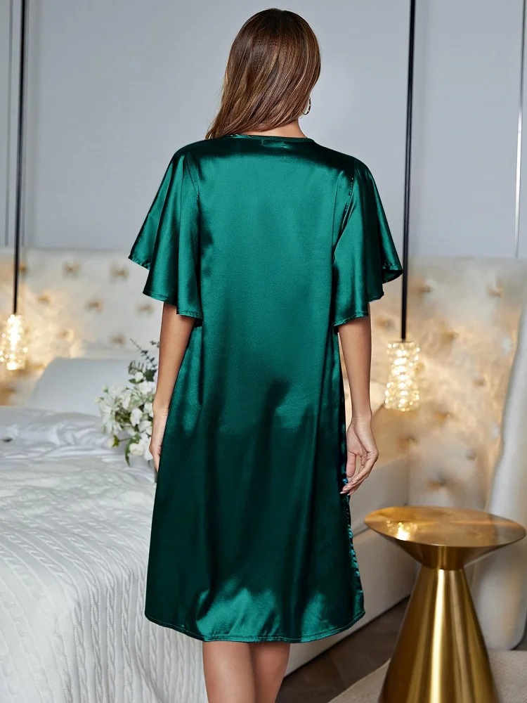 Silk Satin Sleepwear Loose Casual Sexy Home Wear Night Dress Side Split Summer Nightwear Ruffle Sleeve Women's Pajamas Underwear