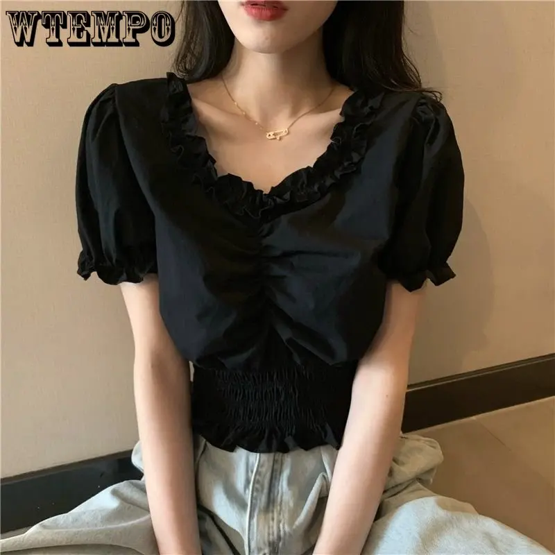 

WTEMPO V-Neck Bubble Sleeve Shirt Fashion Short Top Streetwear Style Y2K Female Clothing Vintage Summer Short Sleeve Shirt