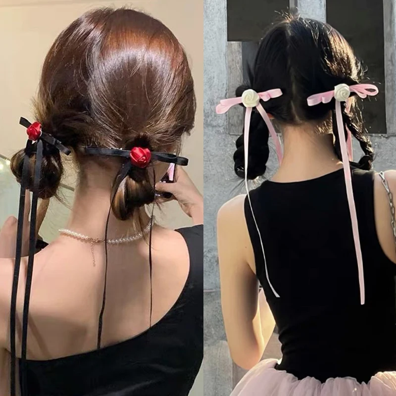 

2PCS Rose Flower Hair Scrunchies French Style Retro Flower Ribbon Hair Ring Elastic For Girl Ponytail Holder Hair Accessories