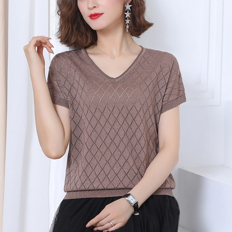 

Bright Silk T Shirt WOMEN Hollow Out Knitted Tops Femme 2022 Summer V Neck Short Sleeve T-shirt Woman Clothes Camisetas De Mujer