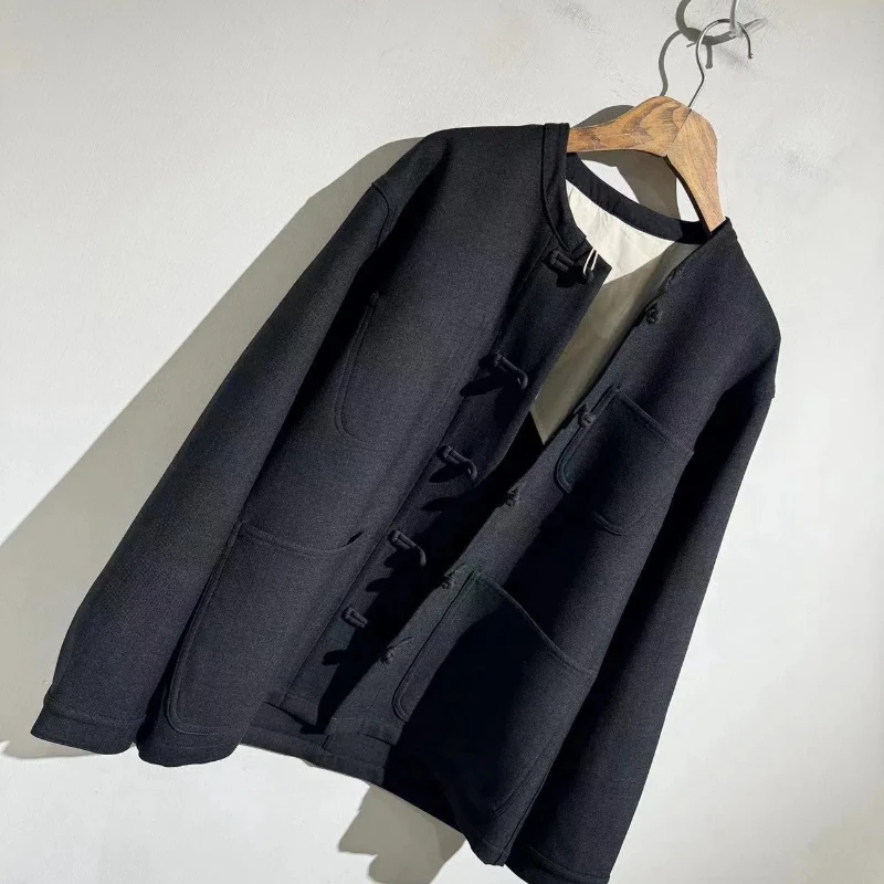 24AW новая шерстяная ткань с круглым воротником китайская куртка карманами