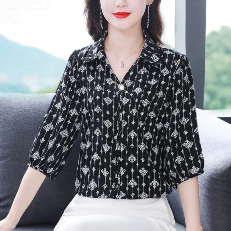 Женская универсальная рубашка с принтом приталенная в западном стиле рукавом 2024