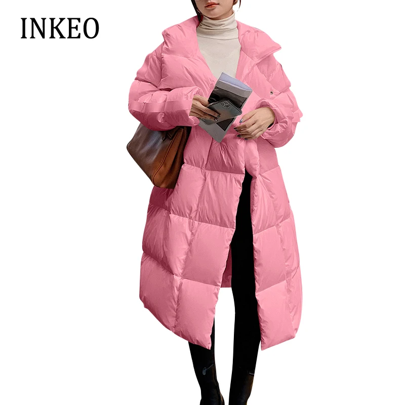 Pink Long parkas 2022 Winter Women Thickened Zipper hooded coat Korean Padded cotton jacket White Female snow wear INKEO 2O257