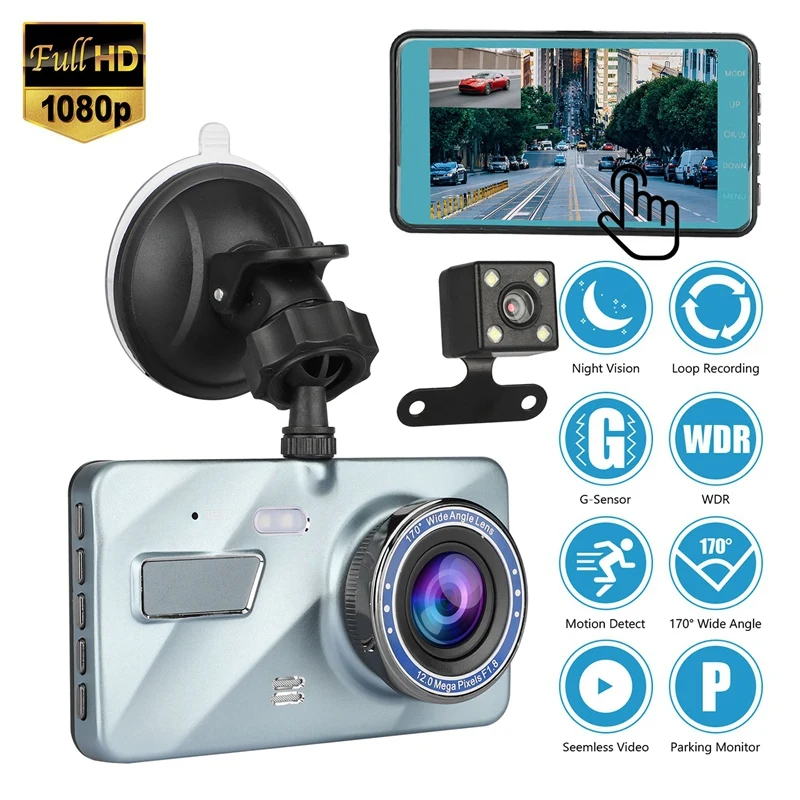 

4Inch Touch Screen Dash Cam 1080P Car Dual Lens DVR Camera Driving Video Recorder Car Monitor Front and Rear Camera
