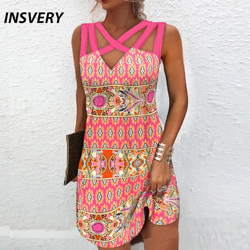 

Elegant Summer Mini Dress Women Fashion V Neck Sleeveless Print Party Dresses For Women Casual Beach Short Dress Boho 2022