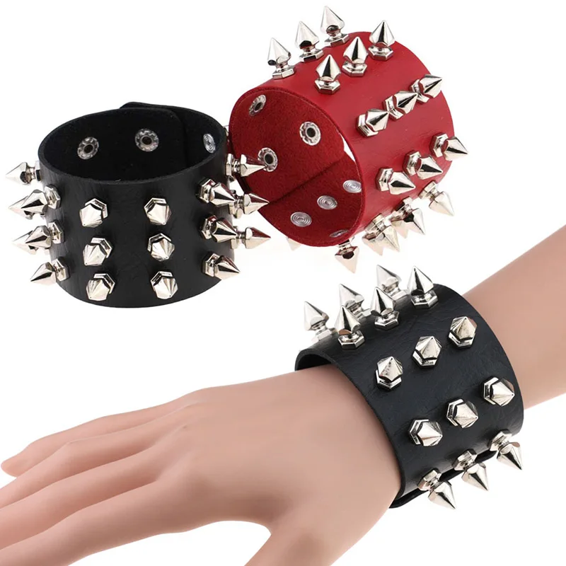 

Three Row Spikes Rivet Bracelet Wide Cuff PU Leather Bracelets Unisex Sexy Punk Gothic Rock Wristbands Women Men Bangle Jewelry