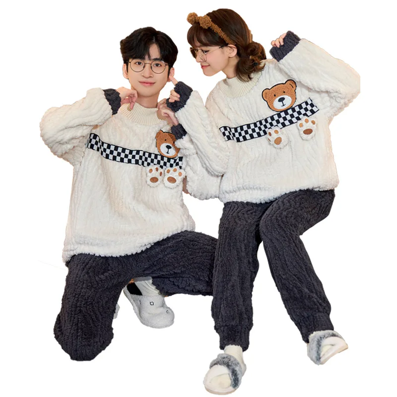QUHENG Flannel Men's Pajama Pants Set 2022 Autumn Winter New Thick Warm Sleepwear for Couples Casual Loose Home Costumes Set