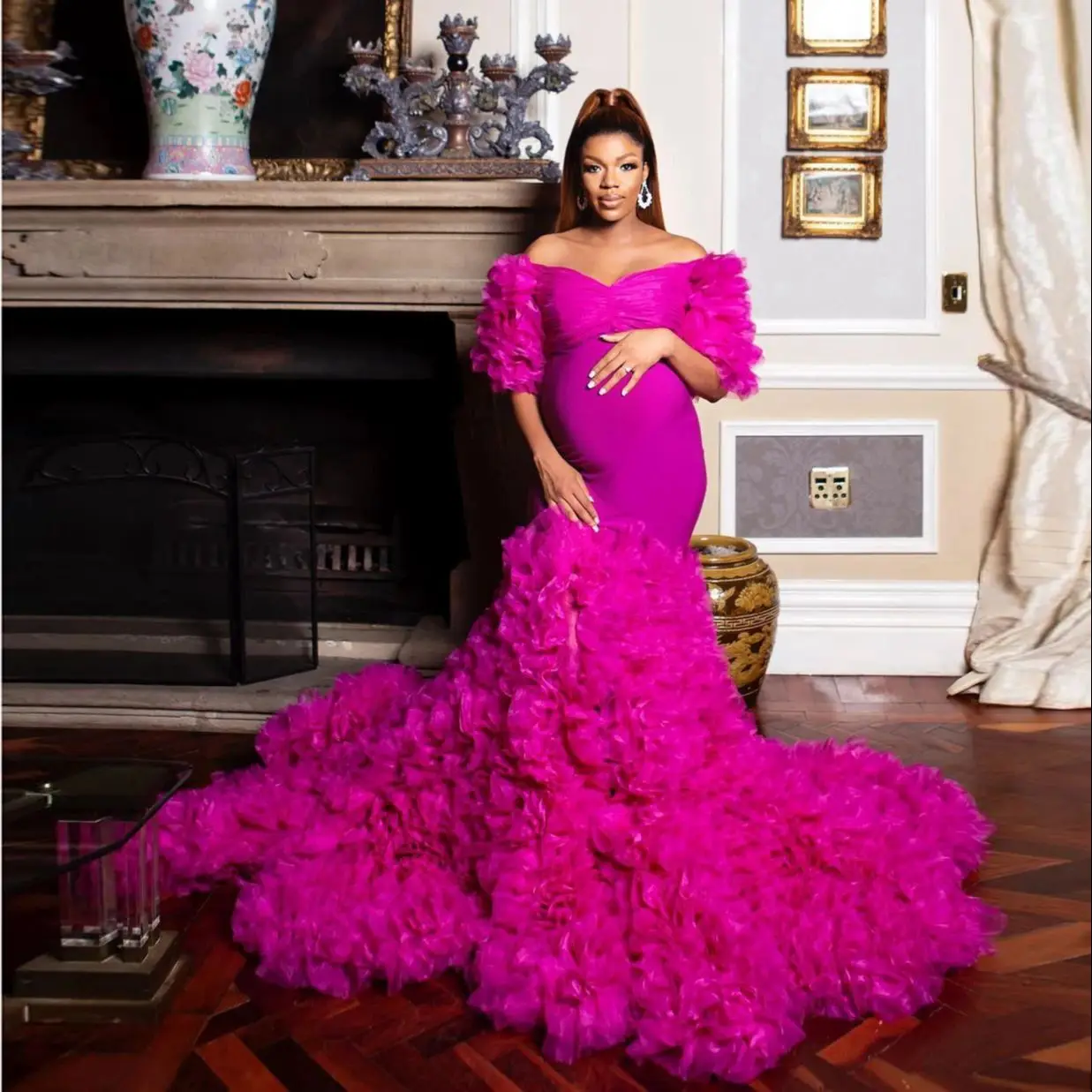 

Elegant Fuchsia Puffy Sleeves Mermaid Maternity Dress For Photoshoot Luxury Lush Tulle Ruffles Pregnancy Dress Photography Robes