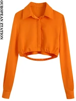 women 2022 fashion cropped soft touch shirts vintage long sleeve elastic hem female blouses blusas chic tops