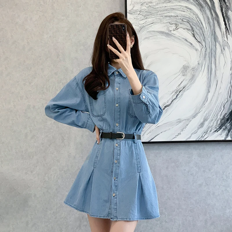 

Autumn Turn-down Collar Denim Dress for Women Long Sleeve Sheath Office Lady Women Dress Vintage Casual Belt Women Bodycon Dress