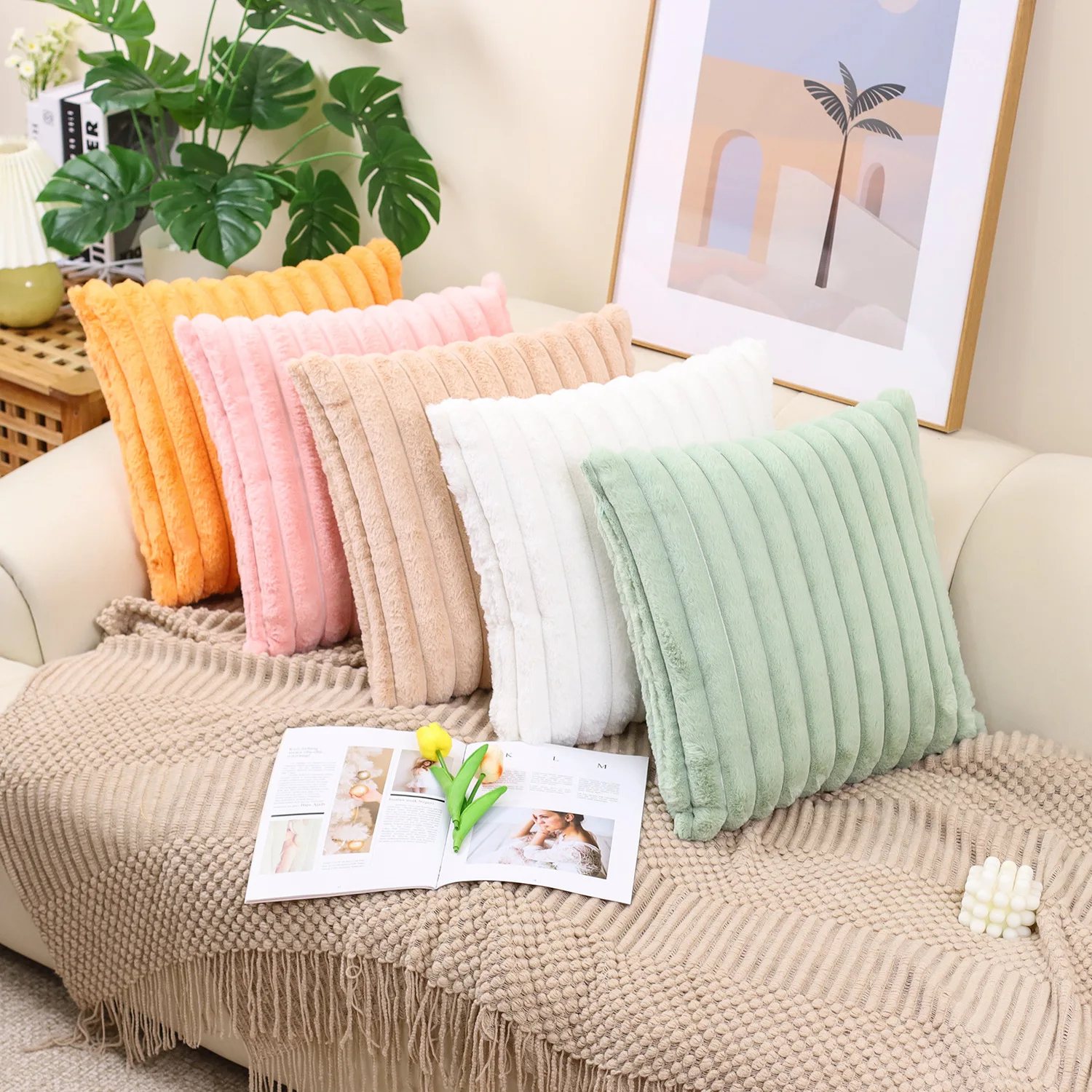 Зимняя плюшевая наволочка в большую полоску для гостиной простой диван теплая