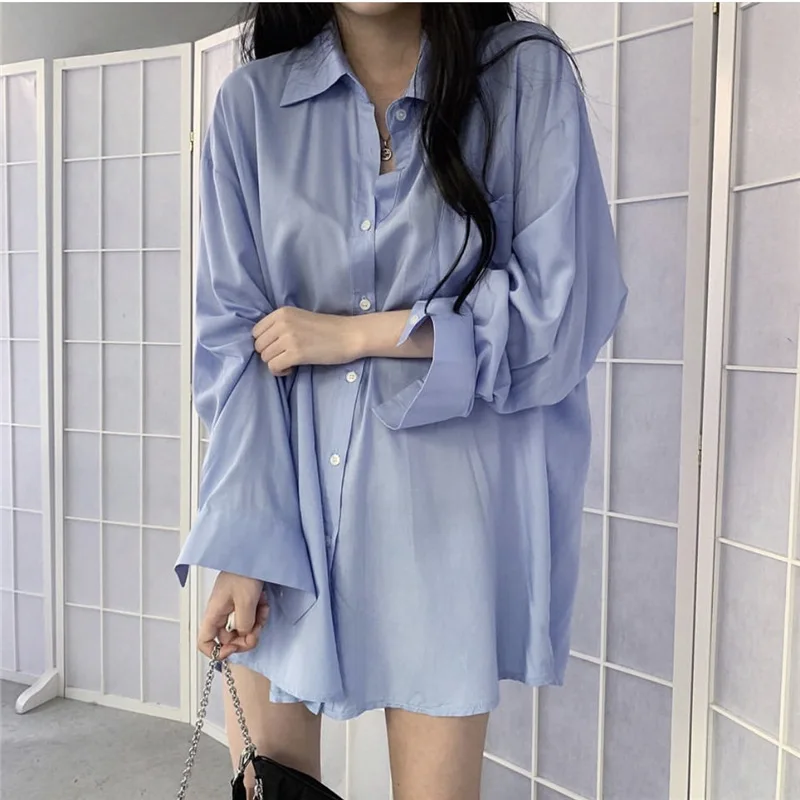 

Blue Long sleeved Sunscreen Shirt Top Women's spring summer Mid length Korean Fashion Thin Loose Shirt Coat office lady