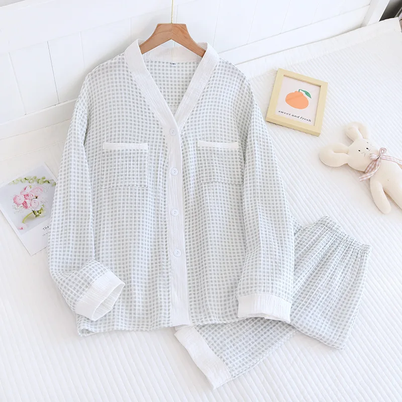 

100% Cotton Pajamas For Women Two-piece Long-sleeved Trousers Ladies Home Service Simple Lattice Button Set V-neck Homewear Suit