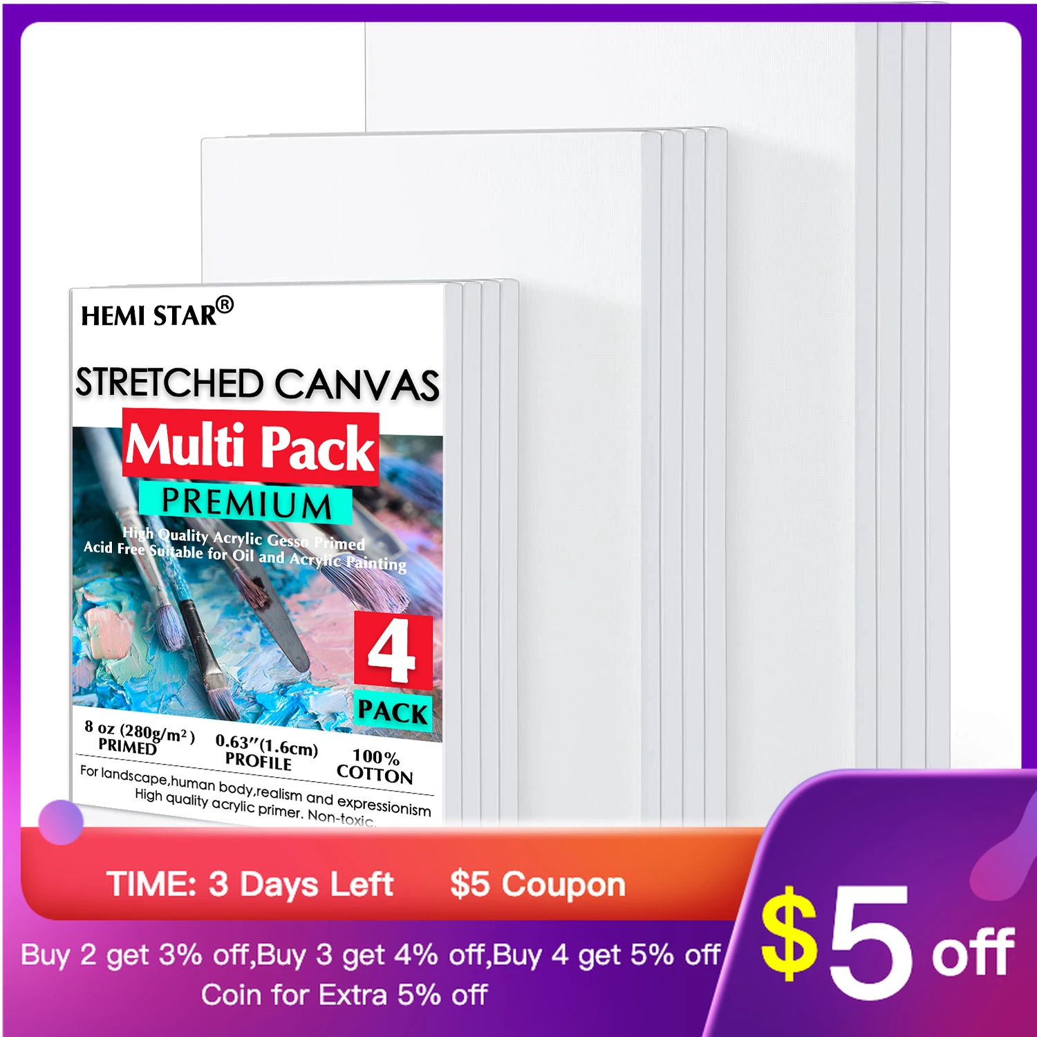 

Pack of 4 Stretched Canvases for Painting Primed White 100% Cotton Artist Blank Canvas Boards for Painting 8 oz Gesso-Primed