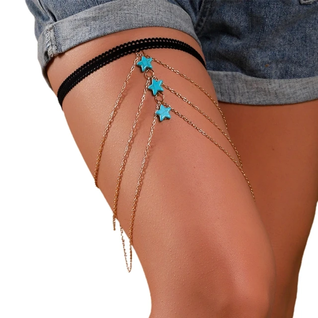 H9ED Multi Layer Tassel Thigh Chain Anti-slip Belt Chain Harness Summer Beach Nightclub Leg Accessories for Women and Girls 2