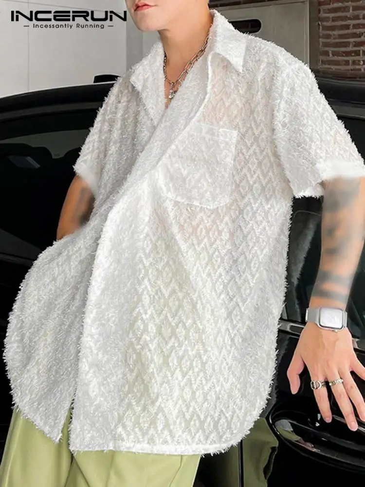 

INCERUN Men Shirt Tassel Lapel Short Sleeve Button Streetwear Fashion Casual Thin Men Clothing 2022 Summer Pockets Camisas