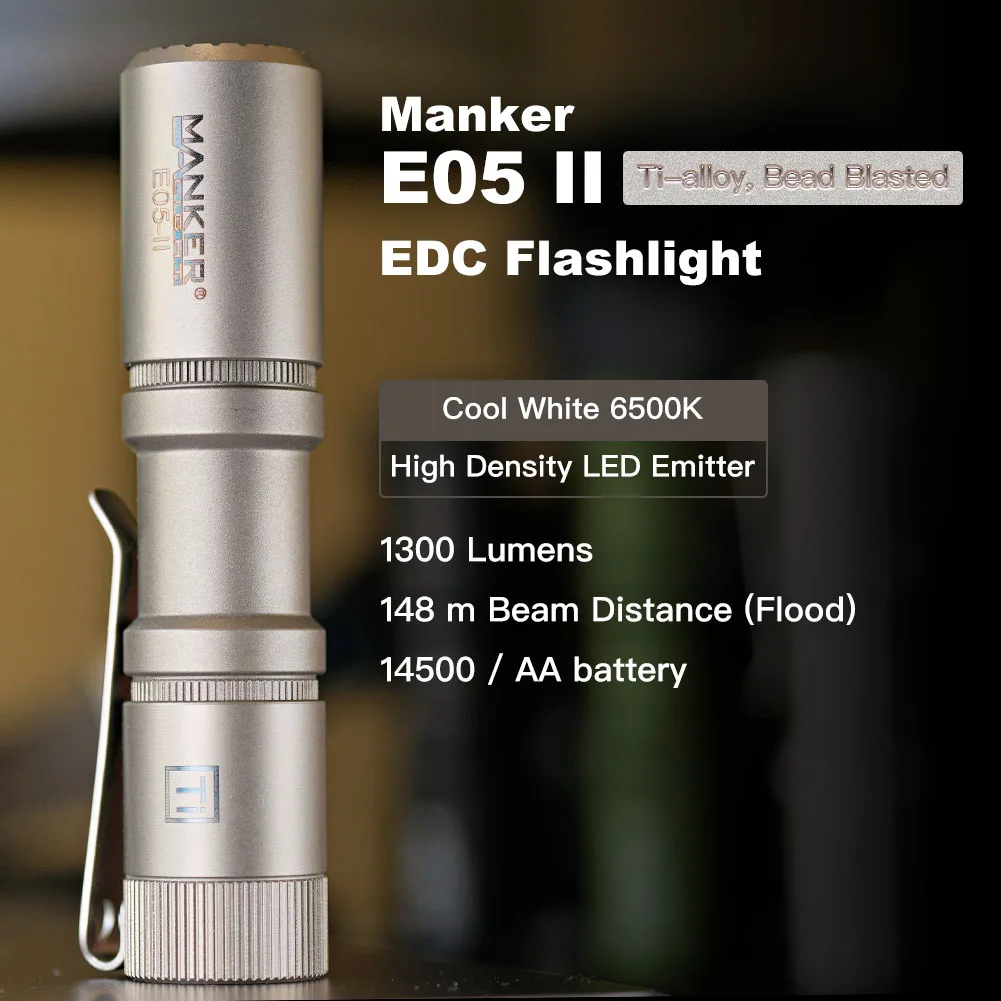 Фото Компактный фонарь Manker E05 II (версия с титановым напылением, холодный белый свет, 6500K), светодиодный излучатель высокой плотности, 1300 люмен №3
