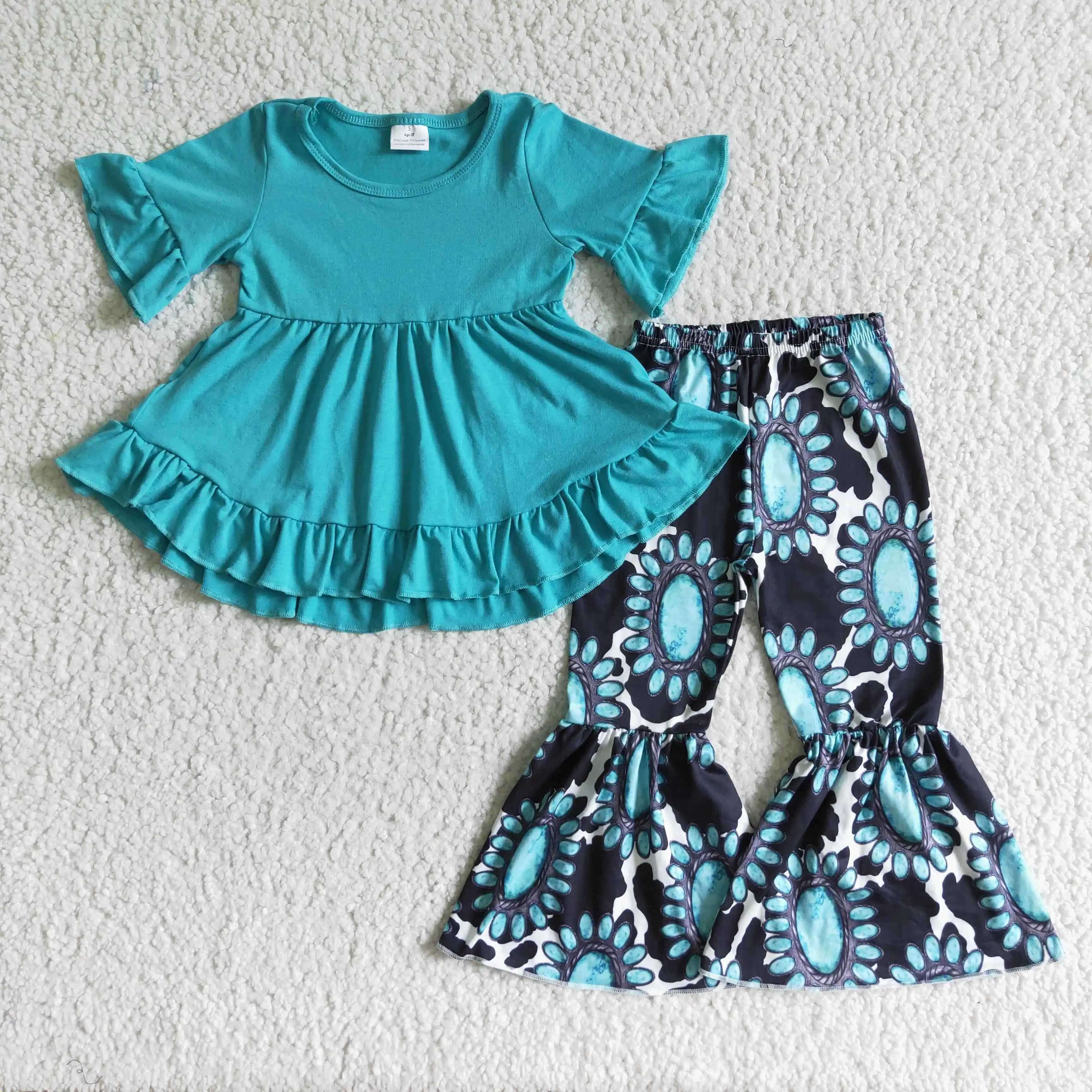 

2022 Baby Girls Kids Boutique Clothes Kids Short Sleeve Turquoise Top Bell-bottoms Flare Pants Set Outfits Girls Summer Outfit