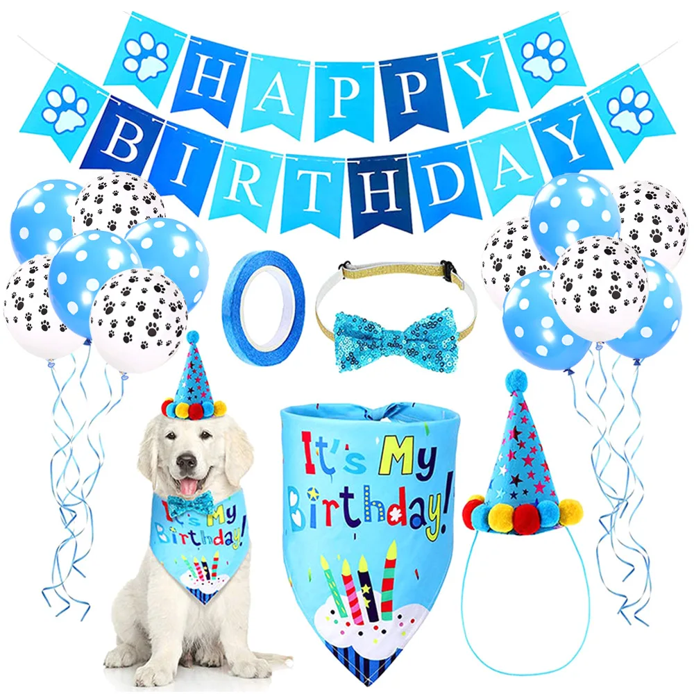 Pink blue dog birthday holiday suit party balloon hanging pull flag card triangle saliva towel bow tie cake hat |