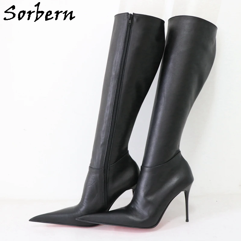 Sorbern Cow Leather Women Boots Knee High Pointed Toe 10Cm -12Cm High Heel Stilettos Real Leather Lining Soles Custom Legs