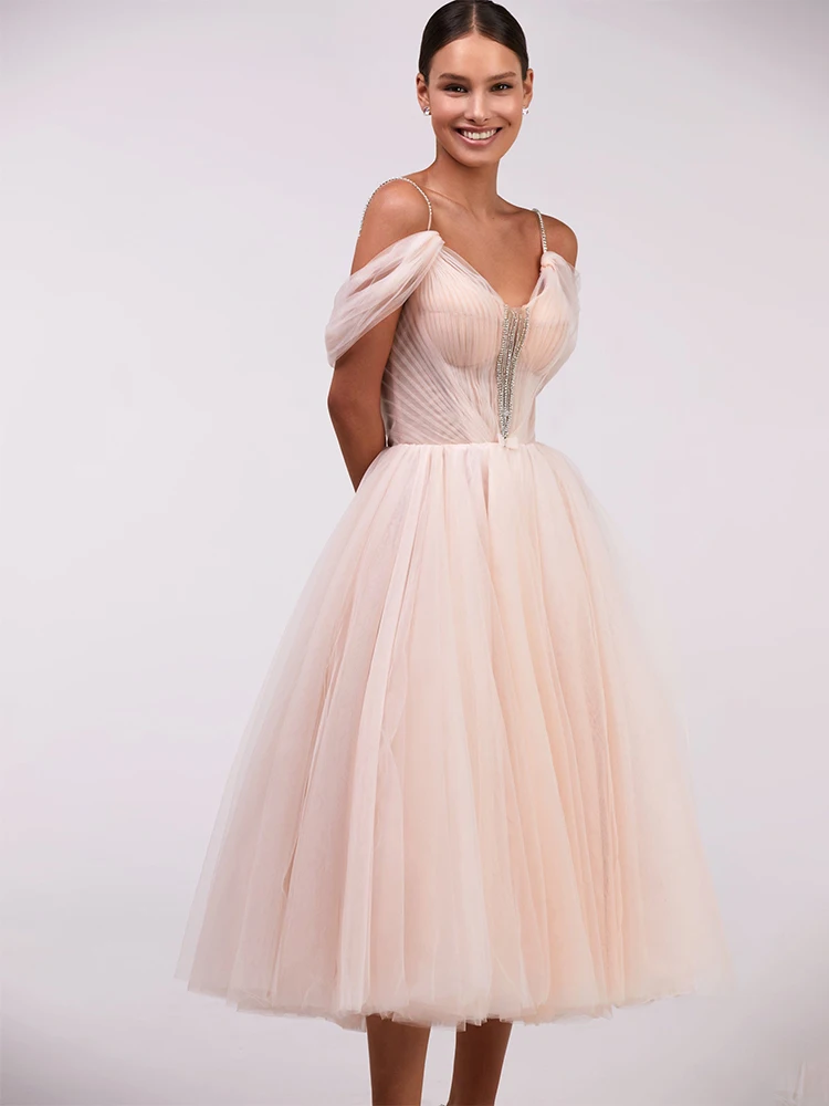 

Pink Evening Party Dresses 2023 Tulle Spaghetti Straps A Line Women's Evening Gowns Midi Off the Shoulder Tea Length Prom Dress
