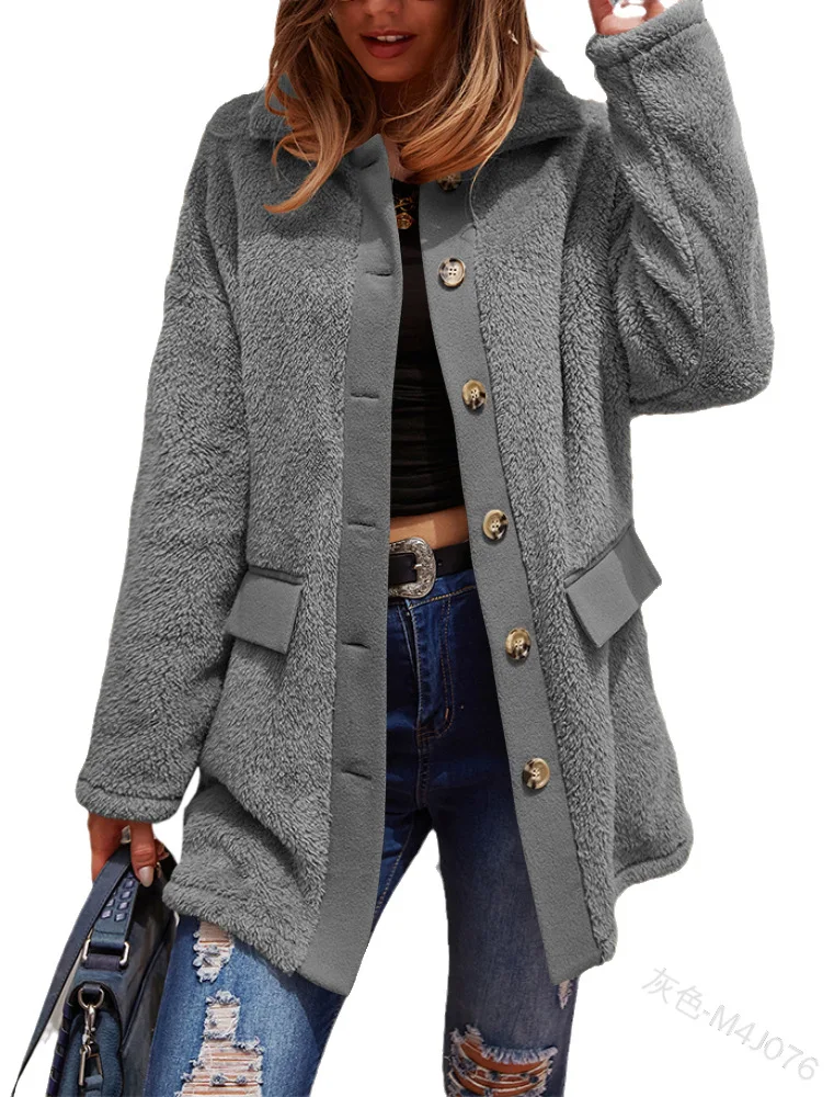 

Женское однотонное флисовое однобортное пальто, повседневное однобортное модное пальто с длинными рукавами и лацканами на осень и зиму.