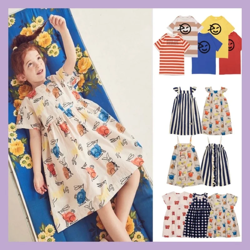 

22 Summer New Wyn Girls Dress Children's Fashion Print Off-shoulder Slip Dress Deck Stripe Midnight Dress