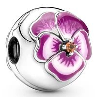 original pink pansy flower clip beads charm fit pandora women 925 sterling silver europe bracelet bangle diy jewelry