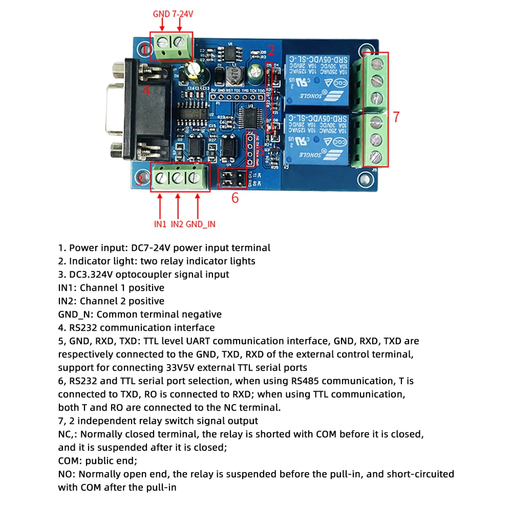 RS232/TTL UART DC7-24V двойной/одиночный релейный модуль Modbus RTU 485 дистанционный