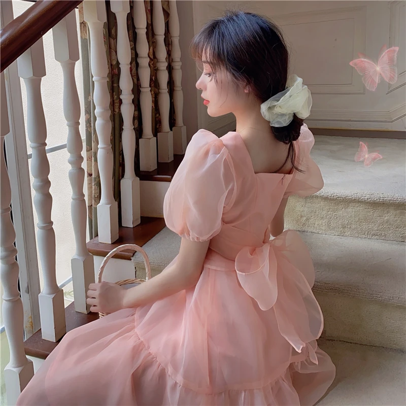 

Женское летнее платье милой Лолиты, элегантное винтажное платье миди розового цвета с бантом, V-образным вырезом и пышными рукавами