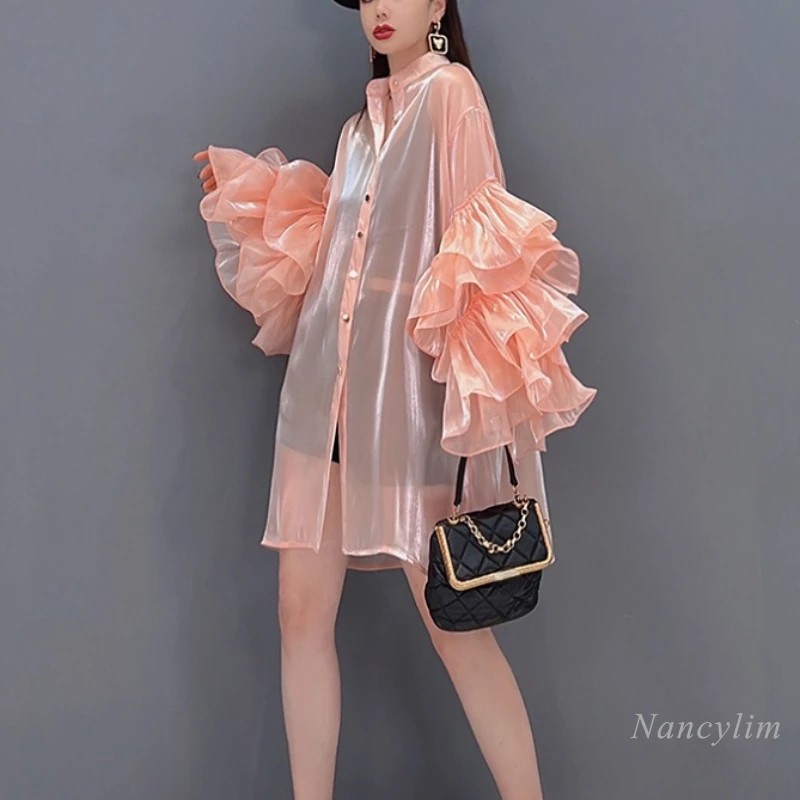 2022 Summer New Fashion Shirt Dress for Women Temperament Leisure Ruffled Chiffon Dresses Sun Protection Outfits Mujer