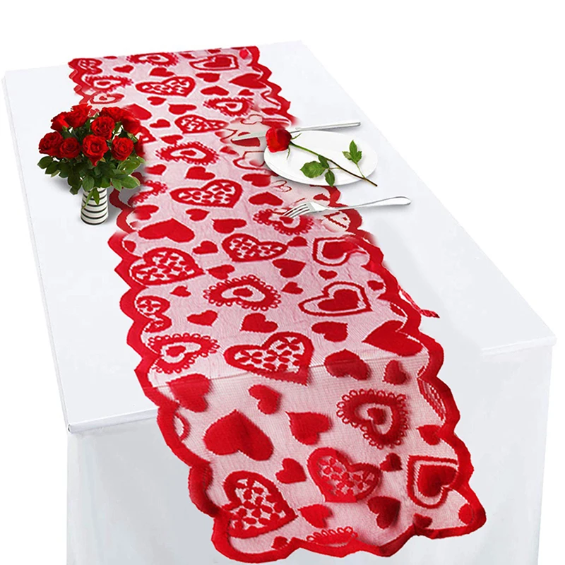 

Love Table Runner Red Heart Print Decorations Red Lace Wedding Party Valentines Day Gift Home Table Cloth Fashion