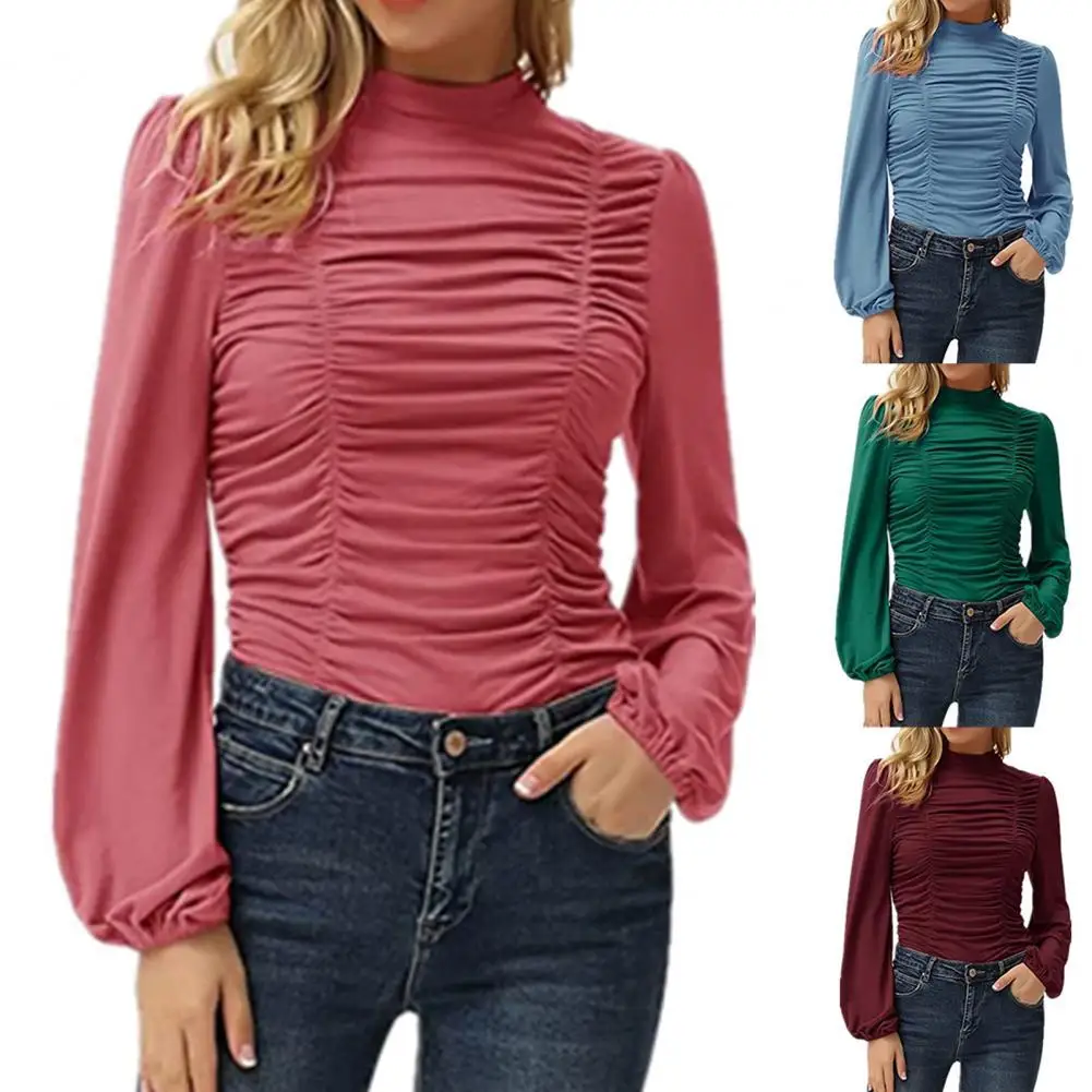 

2022 Hot Sale Women's Top T-shirt Oversized Long Sleeve Slim Fit Tops Solid Color Pleated Lantern Sleeve T-Shirt for Daily Wear