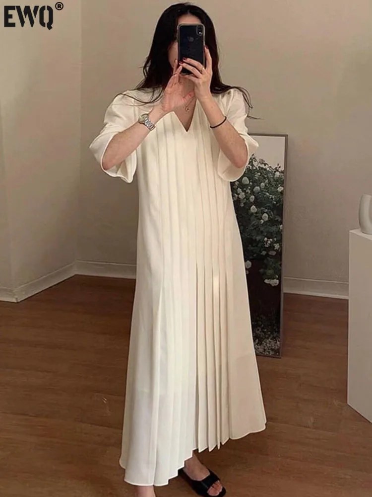 Женское плиссированное платье [EWQ] белое повседневное свободного покроя с