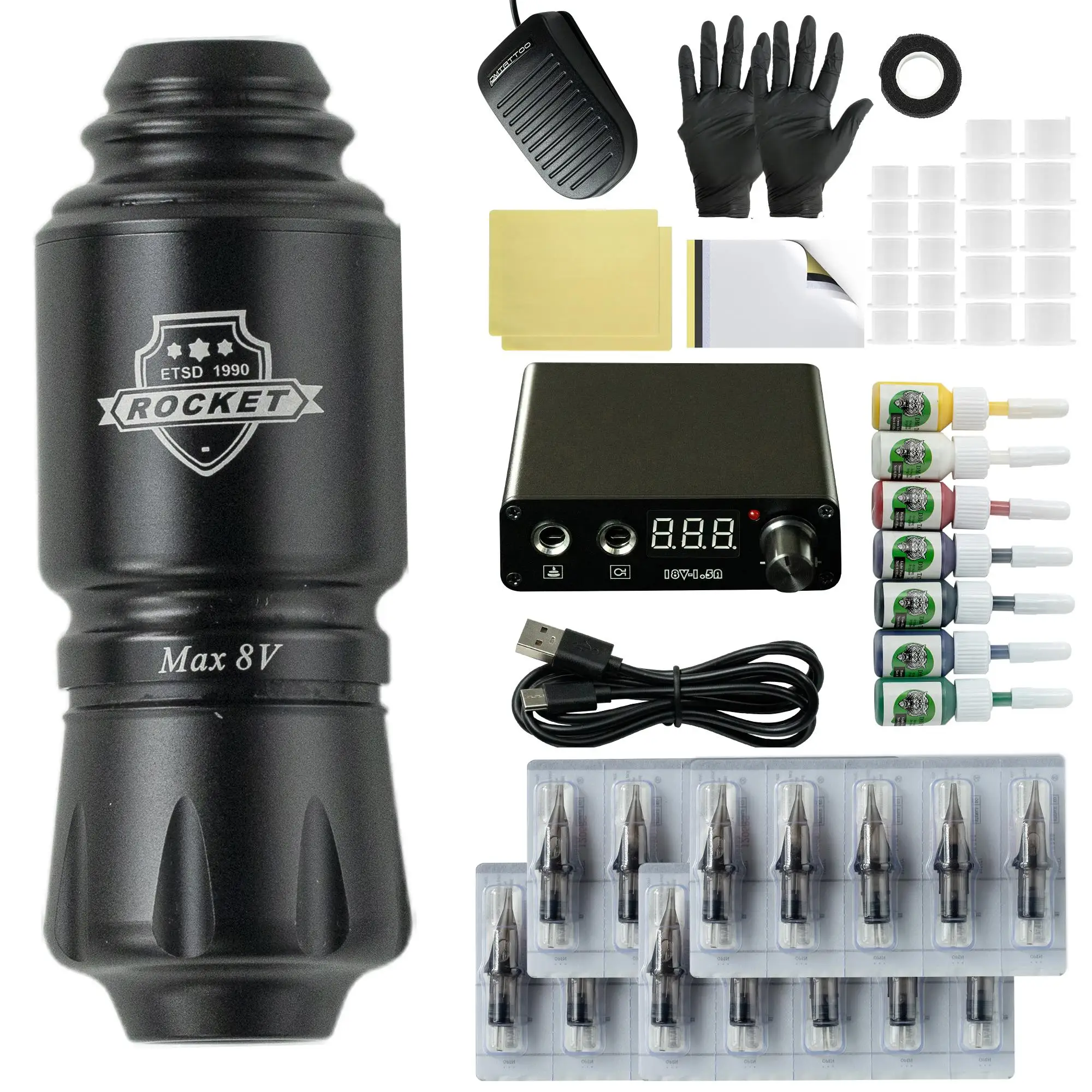 

Rocket Tattoo Kit Complete Cartridge Needles Power Supply Inks Permanent Makeup RCA Interface Rotary Machine Pen