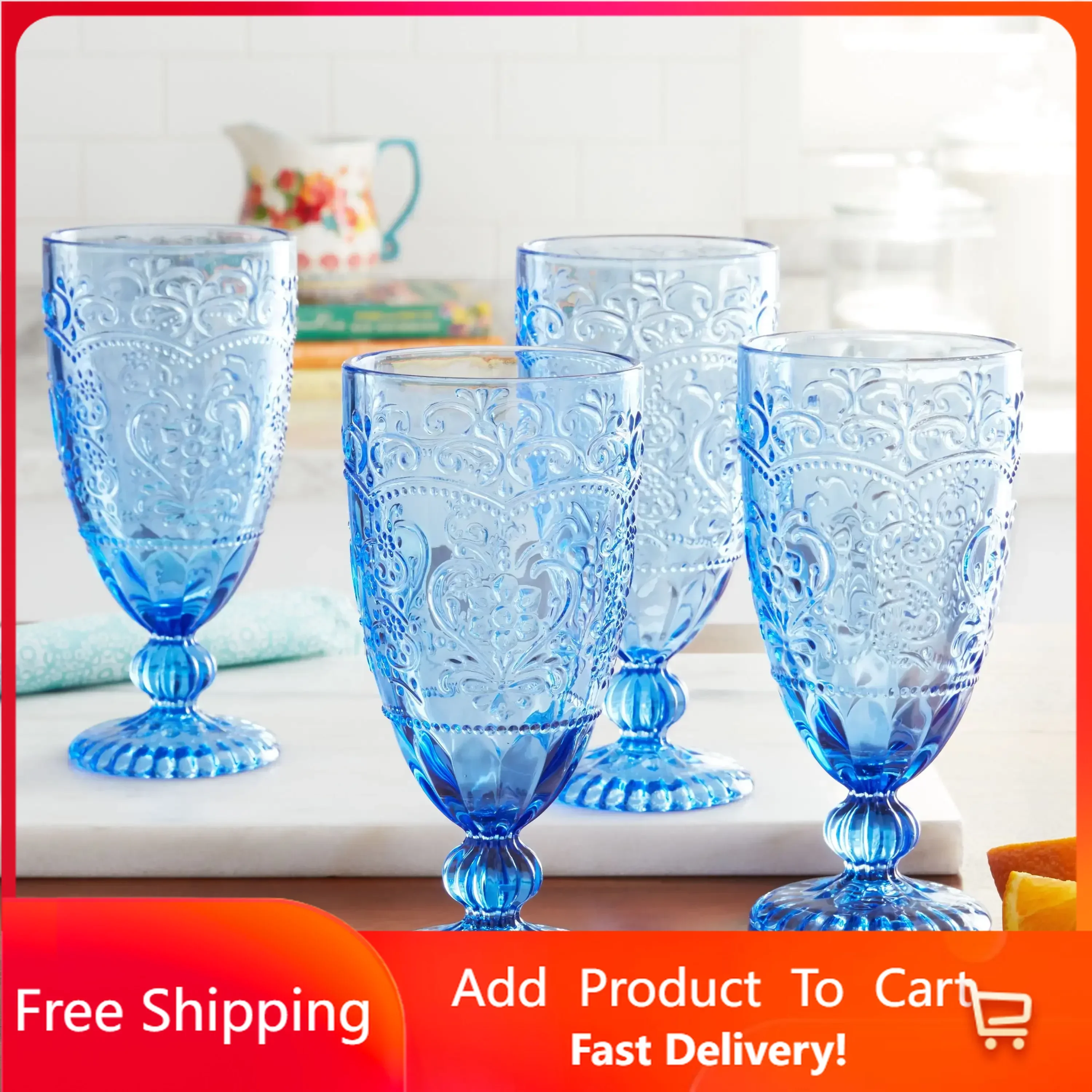 

Amelia 4-Piece 14.7-Ounce Goblet Set, Blue wine glasses cocktail glass Rapid Transit Free Shipping