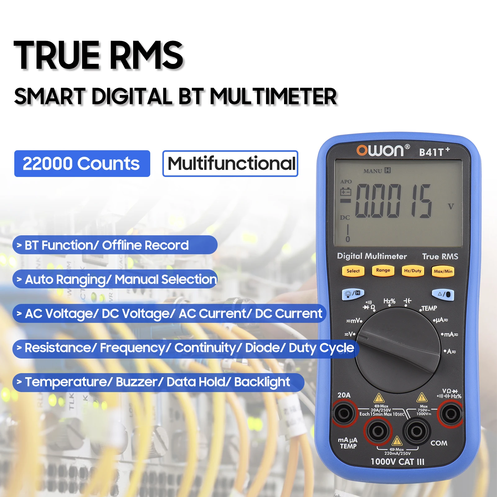 

OWON B41T+ Digital BT Multimeter with Offline Record 22000 Counts True RMS Auto-ranging AC DC Voltage Current Tester