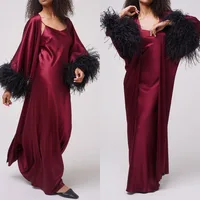 Burgundy Satin Silk Party Sleepwear Dresses Women Long Maternity Feather Robes Custom Made Robe Evening Dress