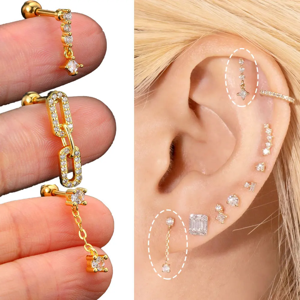 INS CZ Кристалл козелка завитка ушной раковины цепь Шпилька-Сережка для пирсинга Rook
